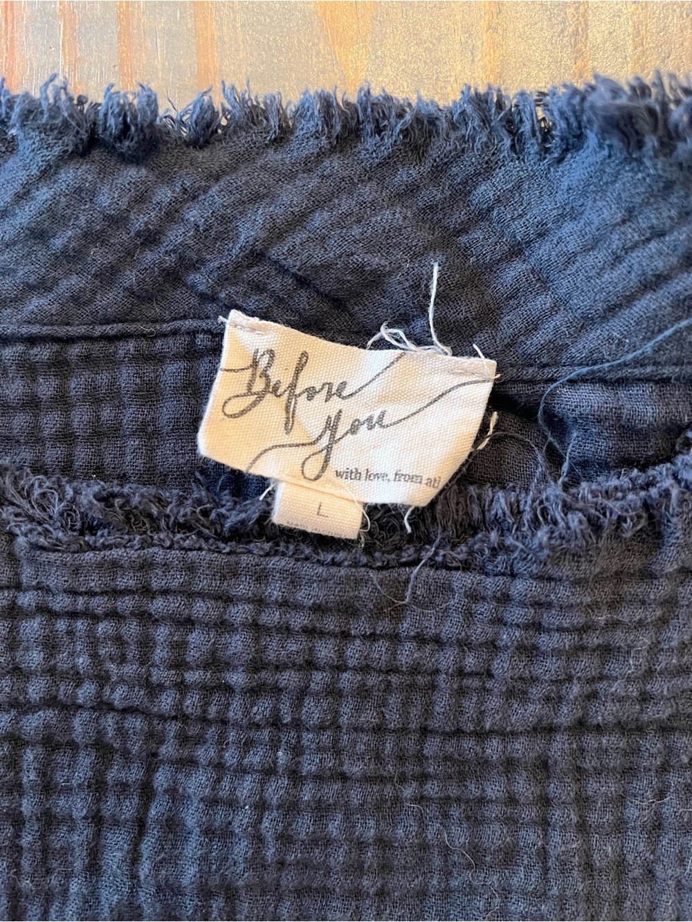 Before You Cotton Gauze Blouse Dark Gray Frayed Trim Coastal Granola Girl Sz L - Picture 5 of 9